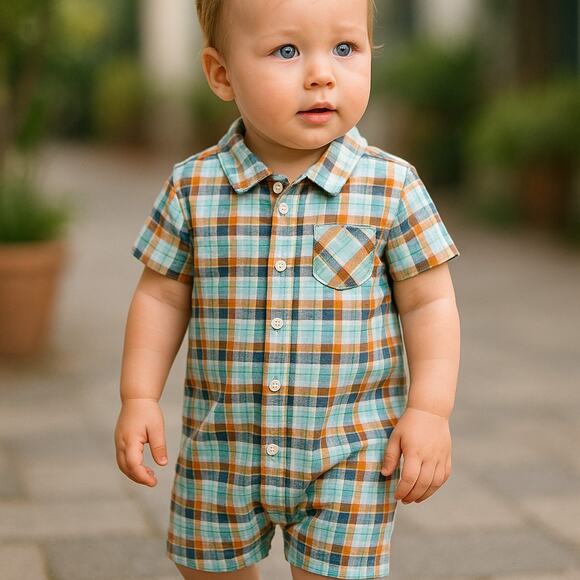 Carter's Boys Romper Size 18 Mo Aqua Brown Navy Blue Plaid Short Sleeve NEW - Picture 1 of 6